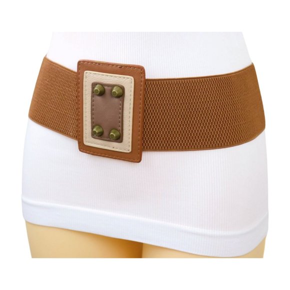 Women Brown Wide Elastic Belt Geometric Square Antique Gold Studs S M z042 - Picture 16 of 16